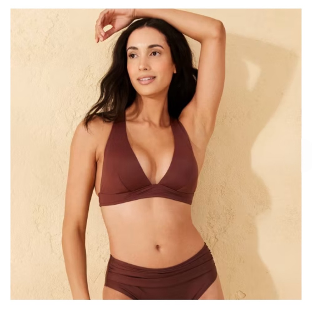 NEW Shade & Shore Women's Longline Triangle Bikini Top Brown S(4-6)